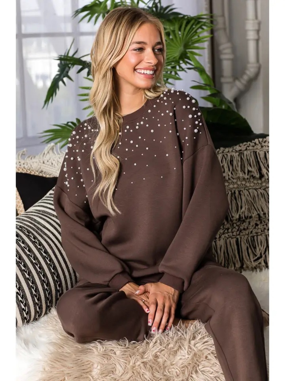 Joh apparel Brown Pearl Embellished Cozy scuba Sweatshirt crewneck